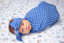 Load image into Gallery viewer, Nursery Rhymes Blue Dots Swaddle
